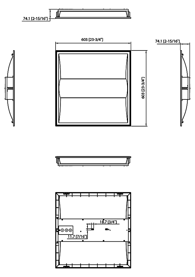 Dimension drawing of the RAB C-SWISH2X2/E LED Center Basket Troffer – 2x2 – Selectable 20W/25W/30W – 3500K/4000K/5000K – 2606-3955 Lumens – 120-277V – Emergency Battery Backup – White Finishshowing fixture dimensions and mounting measurements.