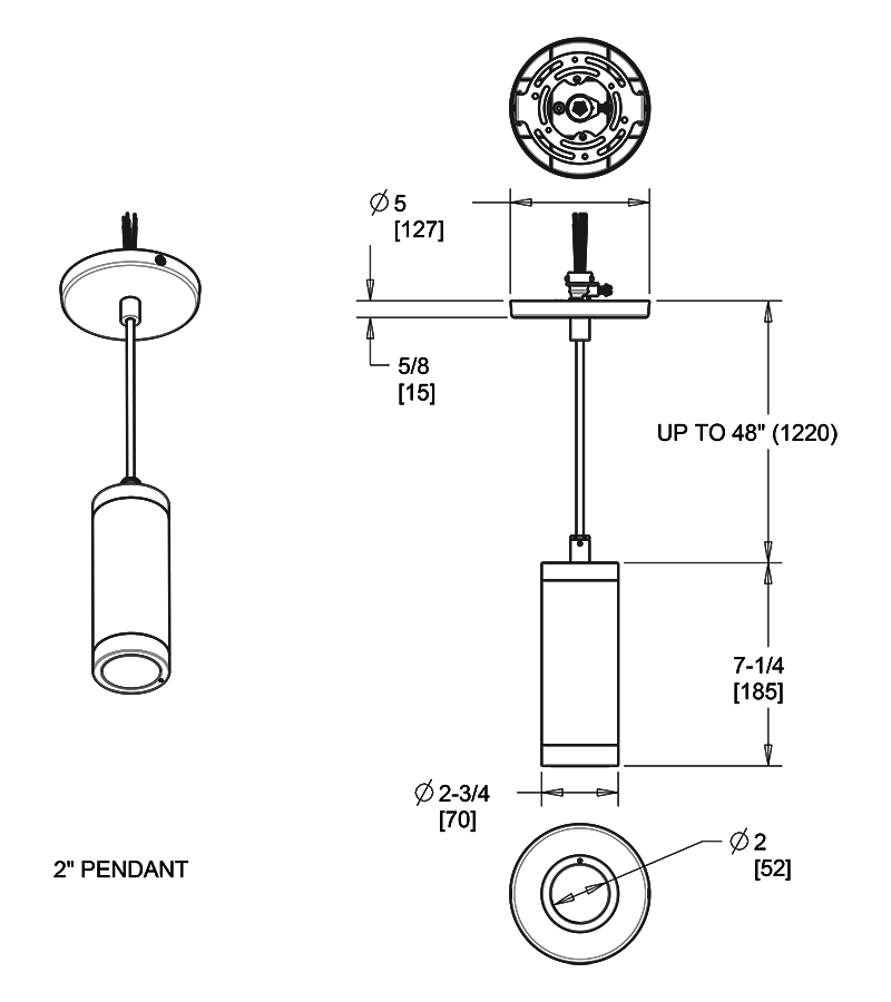 Dimension drawing of the RAB CDLED2PC-10W-WW940-K CDLED 2" Pendant Cylinder Light – Cord Mount – 10W – 4000K – Wide Beam – 755 Lumens – 120-277V – Black Finishshowing fixture dimensions and mounting measurements.