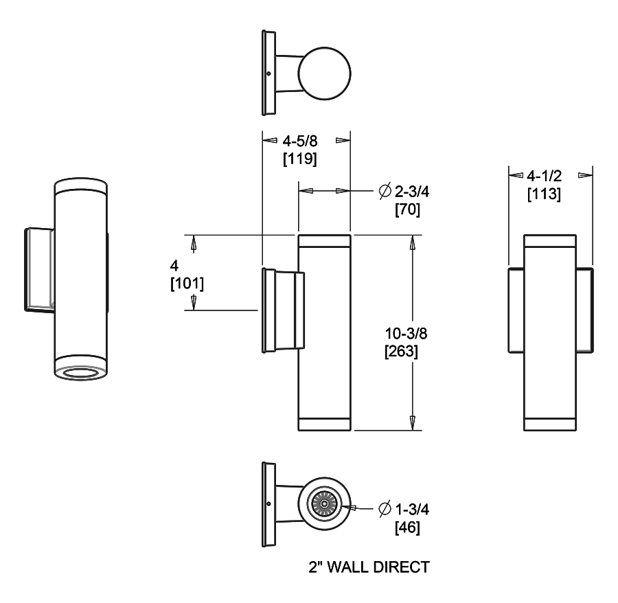 Dimension drawing of the RAB CDLED2WD-10W-WW927-S CDLED 2" Wall Mount Downlight Cylinder Light – 10W – 2700K – Wide Beam – 583 Lumens – 120-277V – Silver Finishshowing fixture dimensions and mounting measurements.