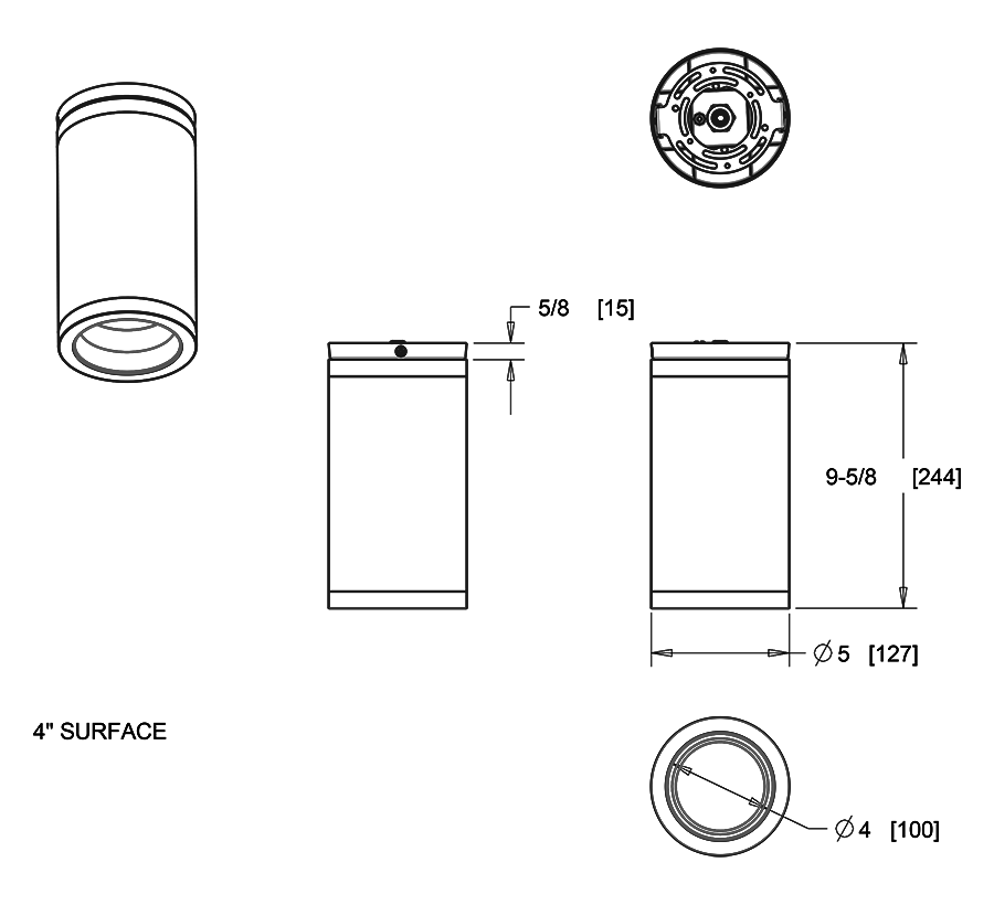 Dimension drawing of the RAB CDLED4S-20W-80D927-W CDLED 4" Surface Mount Cylinder Light – 20W – 2700K – 80° Beam Angle – 1536 Lumens – 120-277V – White Finishshowing fixture dimensions and mounting measurements.
