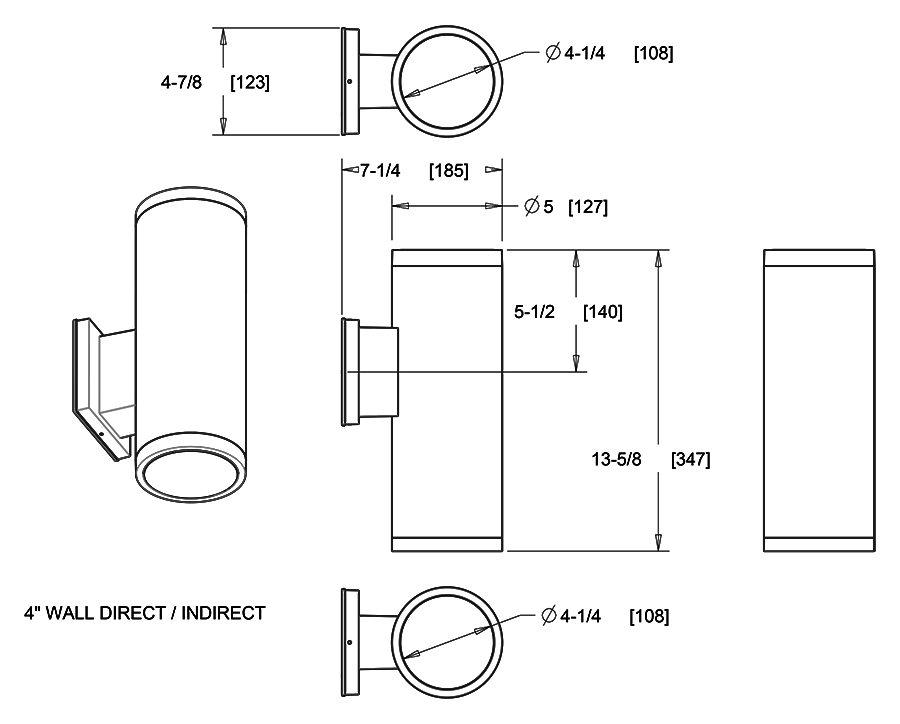 Dimension drawing of the RAB CDLED4W-40W-80D930-Z CDLED 4" Wall Mount Up/Down Cylinder Light – 40W – 3000K – 80° Beam Angle – 3308 Lumens – 120-277V – Bronze Finishshowing fixture dimensions and mounting measurements.