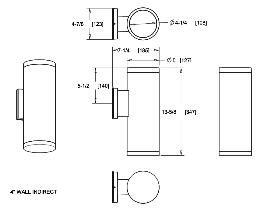 Dimension drawing of the RAB CDLED4WU-20W-80D940-W CDLED 4" Wall Mount Uplight Cylinder Light – 20W – 4000K – 80° Beam Angle – 1808 Lumens – 120-277V – White Finishshowing fixture dimensions and mounting measurements.