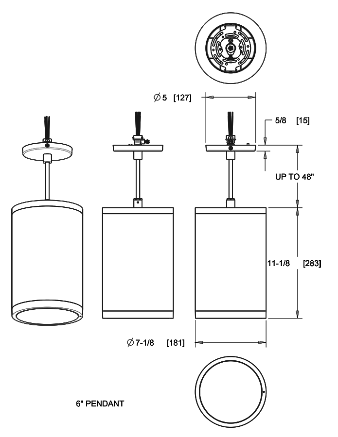 Dimension drawing of the RAB CDLED6PC-20W-80D950-Z CDLED 6" Pendant Cylinder Light – Cord Mount – 20W – 5000K – 80° Beam Angle – 1853 Lumens – 120-277V – Bronze Finishshowing fixture dimensions and mounting measurements.