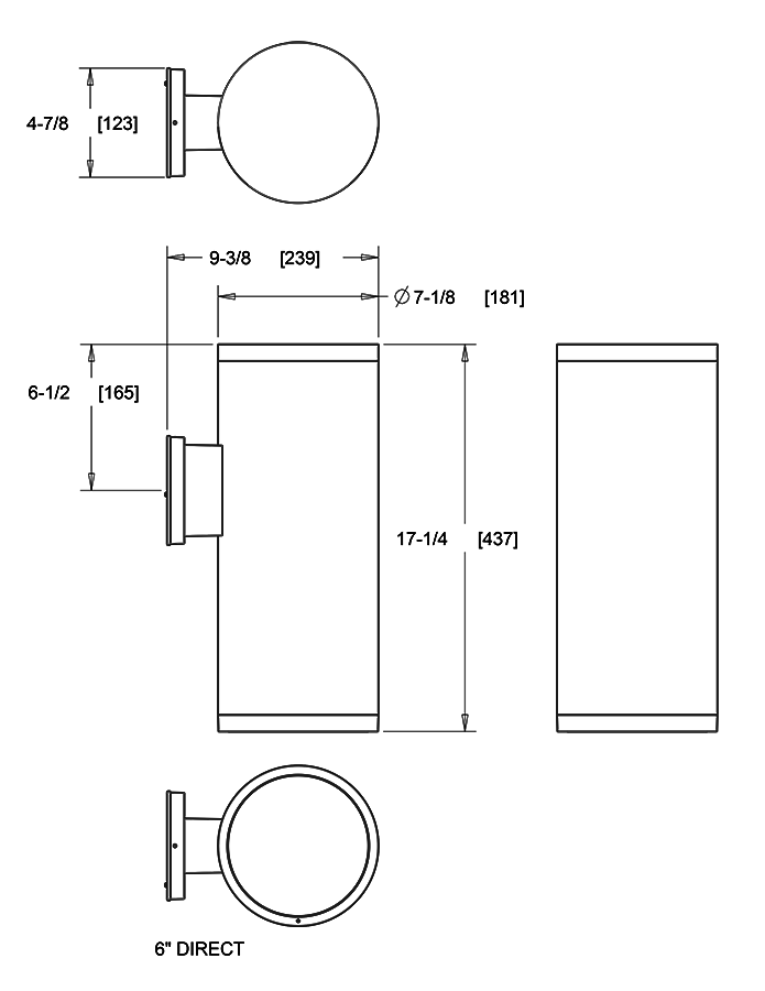 Dimension drawing of the RAB CDLED6WD-26W-80D927-Z CDLED 6" Wall Mount Downlight Cylinder Light – 26W – 2700K – 80° Beam Angle – 2120 Lumens – 120-277V – Bronze Finishshowing fixture dimensions and mounting measurements.