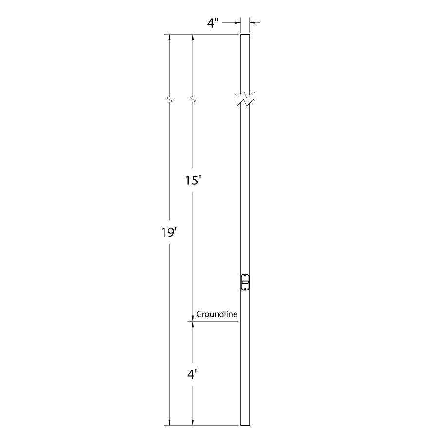 Dimension drawing of the RAB CDS4-15D Composite Direct Burial Square Light Pole – 19 Ft Overall Height – 15 Ft Mounting Height – Drilledshowing fixture dimensions and mounting measurements.