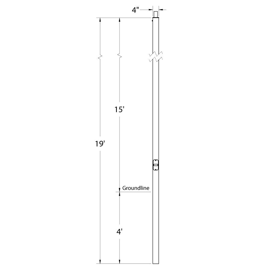 Dimension drawing of the RAB CDS4-15WT Composite Direct Burial Square Light Pole – 19 Ft Overall Height – 15 Ft Mounting Height – Welded Tenonshowing fixture dimensions and mounting measurements.