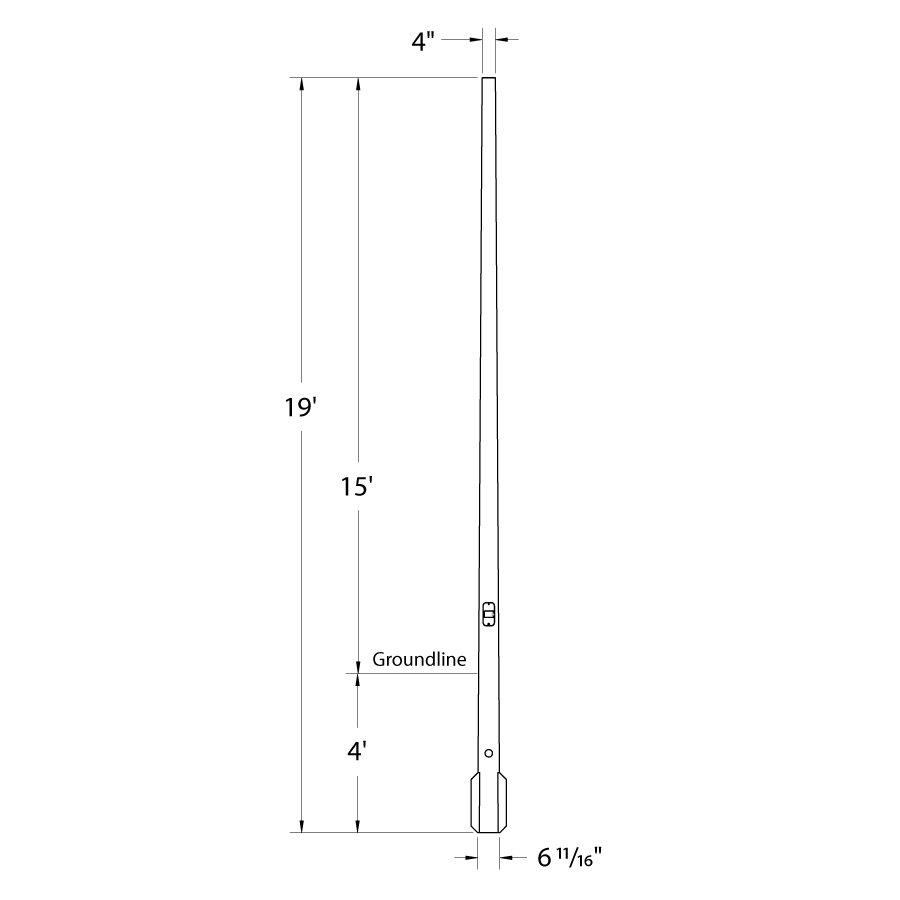 Dimension drawing of the RAB CDTR4-15D Composite Direct Burial Round Tapered Light Pole – 19 Ft Overall Height – 15 Ft Mounting Height – Drilledshowing fixture dimensions and mounting measurements.