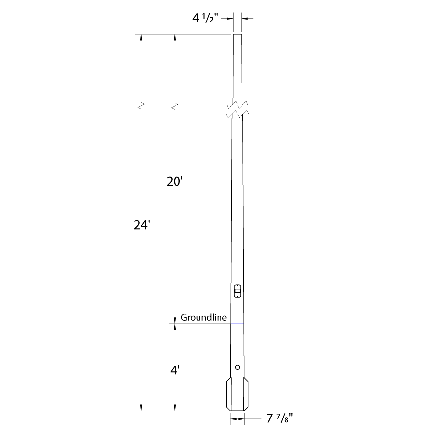 Dimension drawing of the RAB CDTR4-20D Composite Direct Burial Round Tapered Light Pole – 24 Ft Overall Height – 20 Ft Mounting Height – Drilledshowing fixture dimensions and mounting measurements.