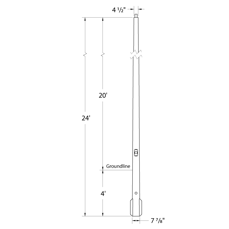 Dimension drawing of the RAB CDTR4-20WT Composite Direct Burial Round Tapered Light Pole – 24 Ft Overall Height – 20 Ft Mounting Height – Welded Tenonshowing fixture dimensions and mounting measurements.