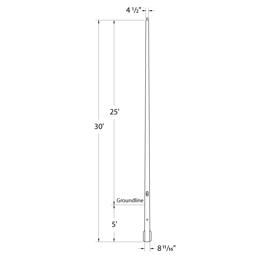 Dimension drawing of the RAB CDTR5-25WT Composite Direct Burial Round Tapered Light Pole – 30 Ft Overall Height – 25 Ft Mounting Height – Welded Tenonshowing fixture dimensions and mounting measurements.