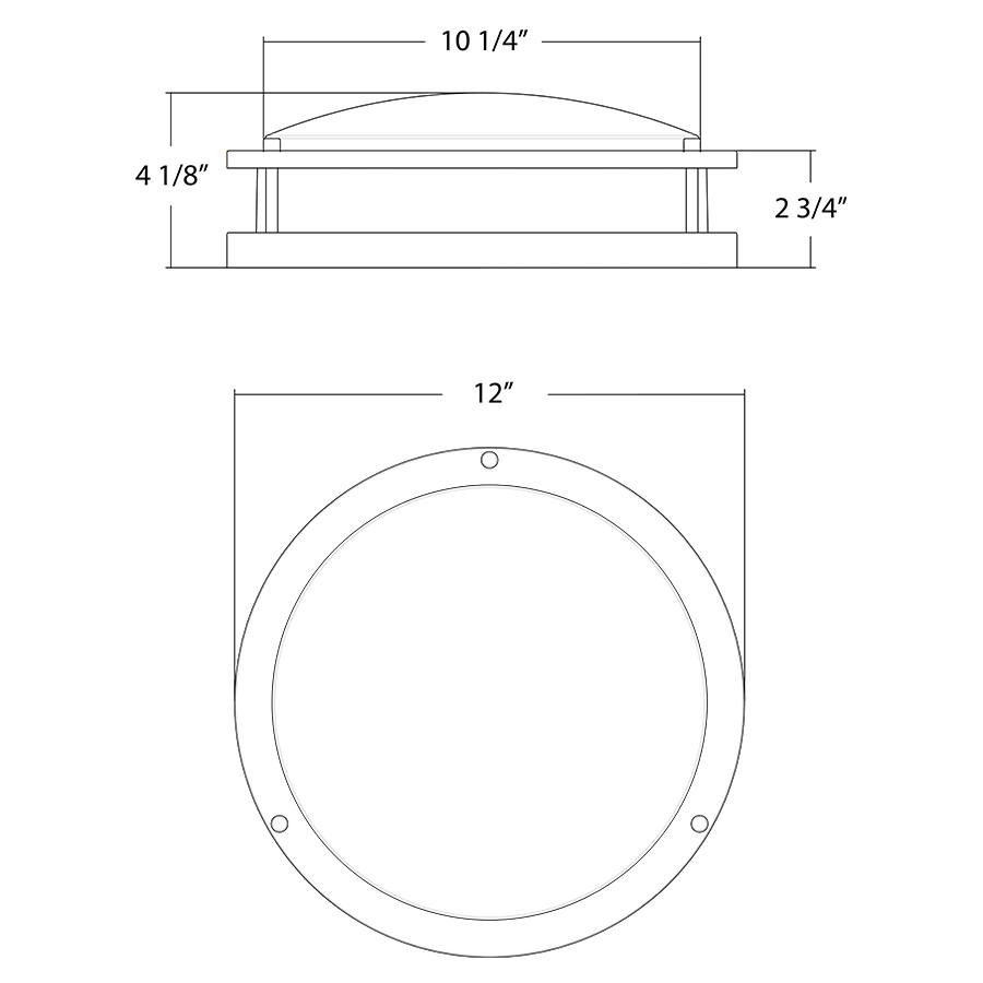 Dimension drawing of the RAB CRVFAD-12R/MVS/EM CURV Decorative Flush Mount Ceiling Light – 12" Round – 16W – 5CCT Selectable – 1100 Lumens – 120-277V – Microwave Occupancy Sensor – Emergency Battery Backupshowing fixture dimensions and mounting measurements.