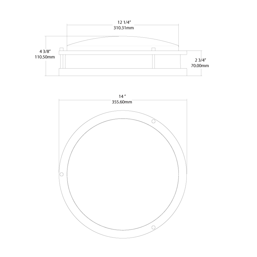 Dimension drawing of the RAB CRVFAD-14R-20-9CCT-UNVT-BN/EM CURV Decorative Flush Mount Ceiling Light – 14" Round – 20W – 5CCT Selectable – 1400 Lumens – 120-277V – TRIAC Dimmable – Emergency Battery Backup – Brushed Nickelshowing fixture dimensions and mounting measurements.