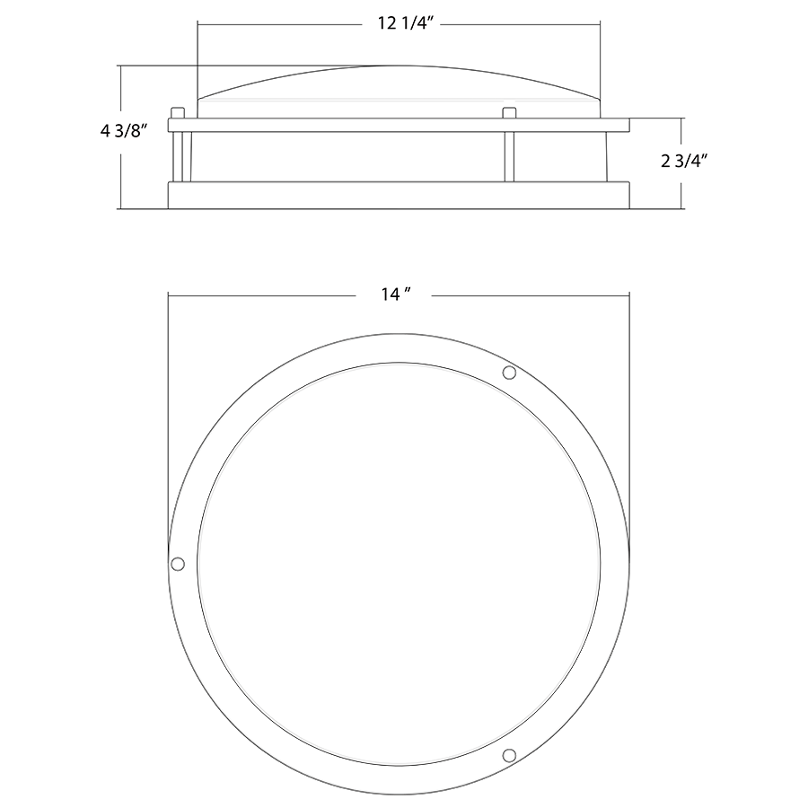 Dimension drawing of the RAB CRVFAD-14R/MVS/EM CURV Decorative Flush Mount Ceiling Light – 14" Round – 20W – 5CCT Selectable – 1400 Lumens – 120-277V – Microwave Occupancy Sensor – Emergency Battery Backupshowing fixture dimensions and mounting measurements.
