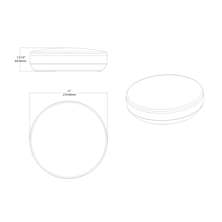 Dimension drawing of the RAB CRVFAS-11R-16-9CCT-UNV-W CURV Flush Mount Ceiling Light – 11" Round – 16W – 5CCT Selectable – 1150 Lumens – 120-277V – 0-10V Dimmable – Whiteshowing fixture dimensions and mounting measurements.