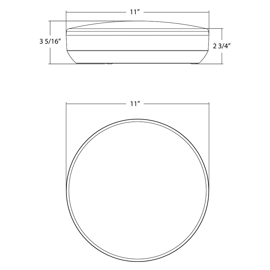 Dimension drawing of the RAB CRVFAS-11R/MVS/EM CURV Flush Mount Ceiling Light – 11" Round – 16W – 5CCT Selectable – 1120 Lumens – 120-277V – Microwave Occupancy Sensor – Emergency Battery Backupshowing fixture dimensions and mounting measurements.