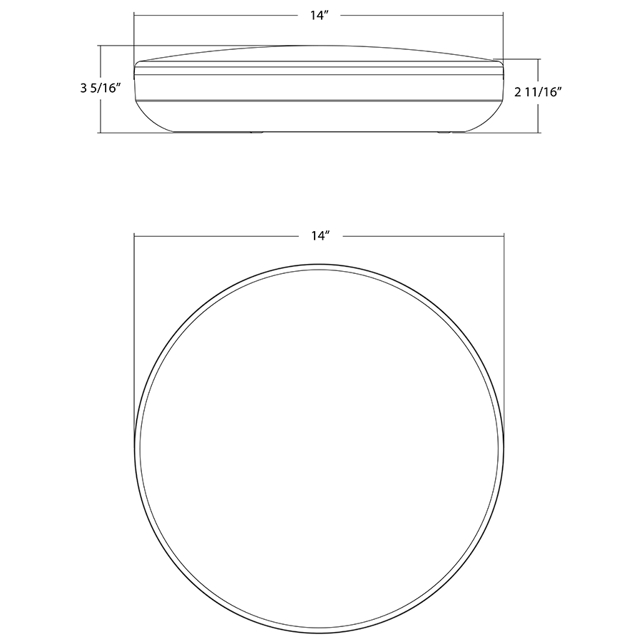 Dimension drawing of the RAB CRVFAS-14R/MVS/EM CURV Flush Mount Ceiling Light – 14" Round – 20W – 5CCT Selectable – 1400 Lumens – 120-277V – Microwave Occupancy Sensor – Emergency Battery Backupshowing fixture dimensions and mounting measurements.