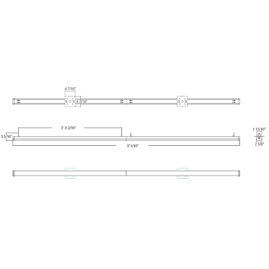 Dimension drawing of the RAB CS8/E C-STRIP LED Strip Light – 8ft – Selectable 42W/64W/88W – 3500K/4000K/5000K – 6769-13480 Lumens – 120-277V – Emergency Battery Backup – Junction Box Adapter & V-Hooks Includedshowing fixture dimensions and mounting measurements.