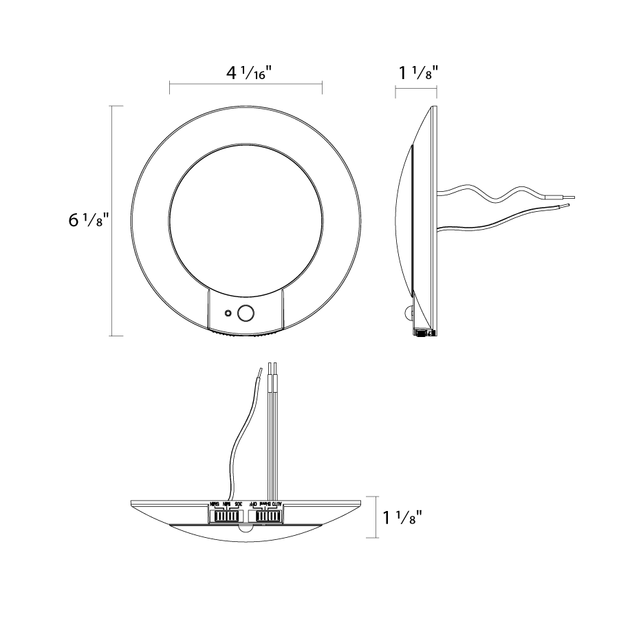Dimension drawing of the RAB DISK-4/PIR DSK34 LED Disk Light – 4" Round – 8W – Selectable 2700K/3000K/3500K/4000K/5000K – 700 Lumens – 120V – PIR Occupancy Sensor – 90 CRI – White Finishshowing fixture dimensions and mounting measurements.