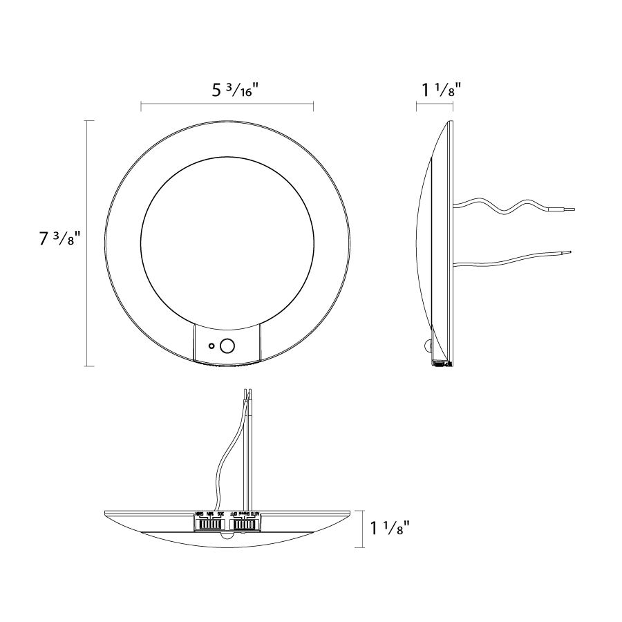 Dimension drawing of the RAB DISK-6/PIR DSK34 LED Disk Light – 6" Round – 12W – Selectable 2700K/3000K/3500K/4000K/5000K – 1050 Lumens – 120V – PIR Occupancy Sensor – 90 CRI – White Finishshowing fixture dimensions and mounting measurements.