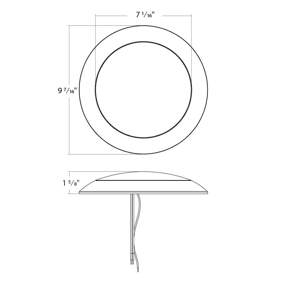 Dimension drawing of the RAB DISK34-8 DSK34 LED Disk Light – 8" Round – 18W – Selectable 3000K/3500K/4000K/5000K/6500K – 1533-1675 Lumens – 120V – TRIAC Dimmable – 90 CRI – White Finishshowing fixture dimensions and mounting measurements.