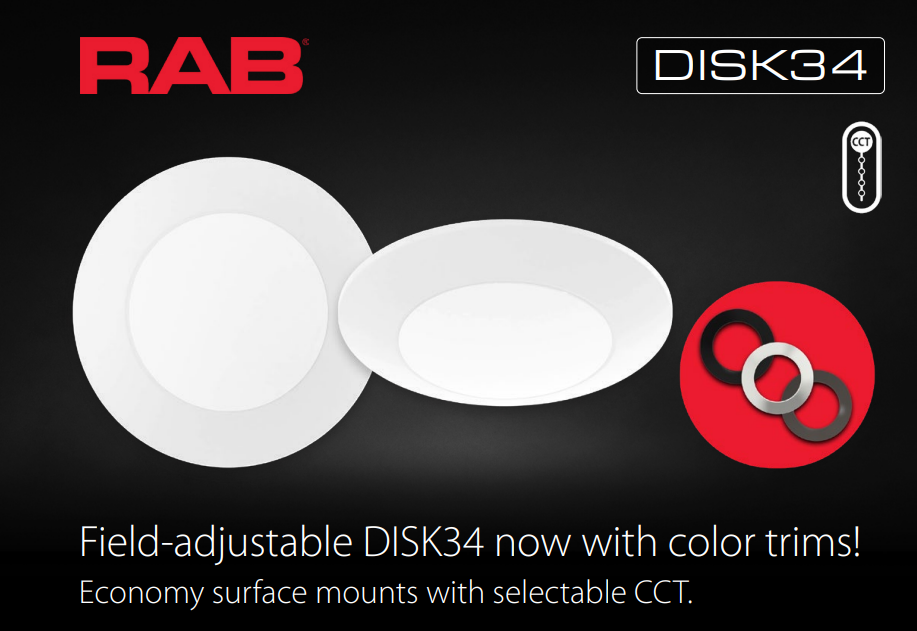 RAB DISK34-6 DSK34 LED Disk Light – 6" Round – 15W – Selectable 3000K/3500K/4000K/5000K/6500K – 1238-1352 Lumens – 120V – TRIAC Dimmable – 90 CRI – White Finish