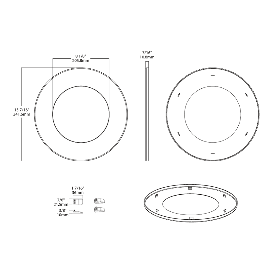 Dimension drawing of the RAB DL10-12GOOF/R/P/CRLEDFA Recessed Downlight Goof Ring – 10in–12in – Round – White Finishshowing fixture dimensions and mounting measurements.