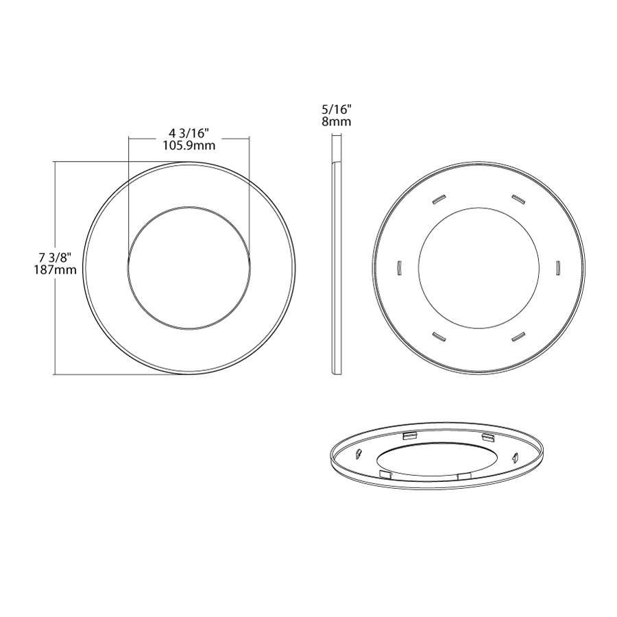 Dimension drawing of the RAB DL4-6GOOF/R/P/CRLEDFA Recessed Downlight Goof Ring – 4in–6in – Round – White Finishshowing fixture dimensions and mounting measurements.