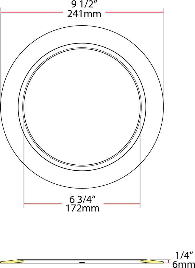 Dimension drawing of the RAB DL6-8GOOF/R/P Recessed Downlight Goof Ring Extender Kit – 6in–8in – White Finishshowing fixture dimensions and mounting measurements.