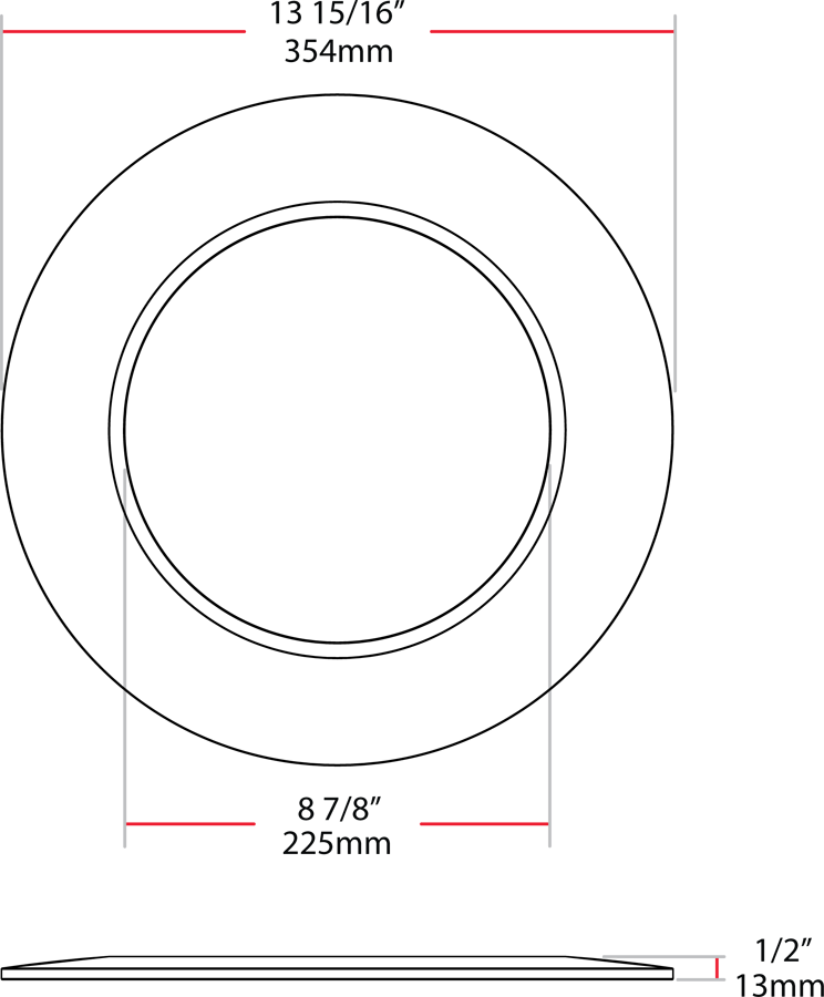 Dimension drawing of the RAB DL8-12GOOF/R/P Recessed Downlight Goof Ring Extender Kit – 8in–12in – White Finishshowing fixture dimensions and mounting measurements.