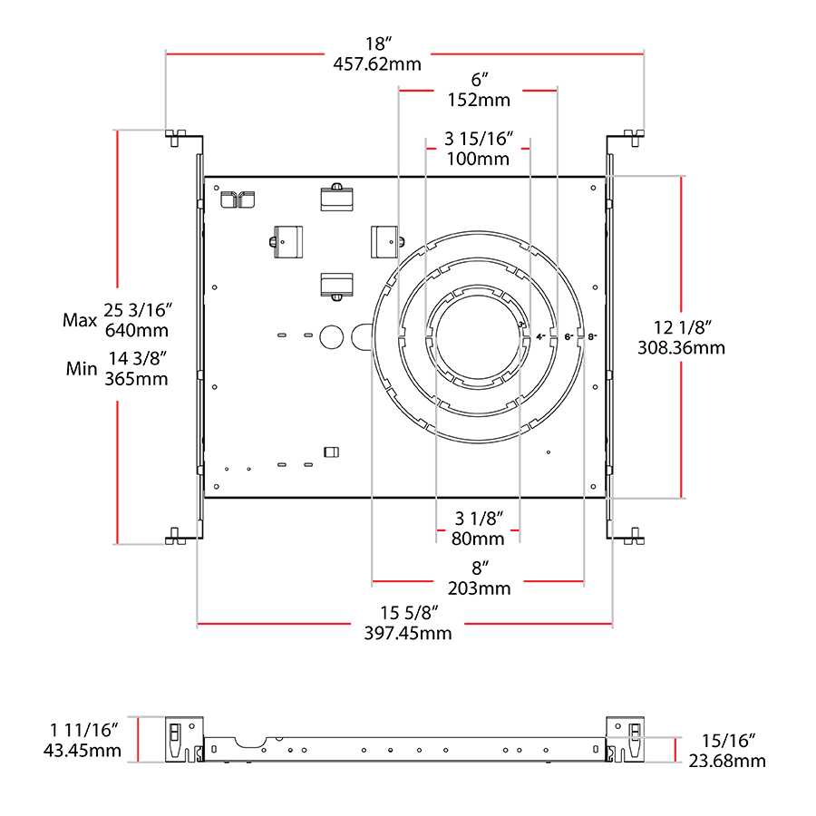 Dimension drawing of the RAB DLPLATE/C3468R/NB Recessed Mounting Plate with Nailer Bar – 3in–8in Commercial Recessed Downlight Compatibilityshowing fixture dimensions and mounting measurements.