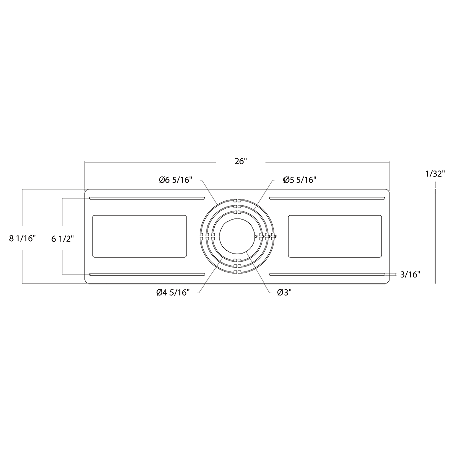 Dimension drawing of the RAB DLPLATE/WFR3456 WFR Wafer Mounting Plate – 3/4/5/6 Inch – Gray Finishshowing fixture dimensions and mounting measurements.