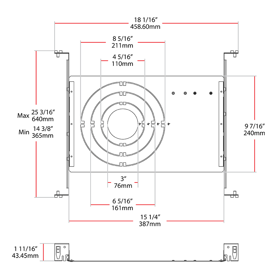 Dimension drawing of the RAB DLPLATE/WFR3468/NB WFR Wafer Mounting Plate – 3/4/6/8 Inch – With Nailer Barshowing fixture dimensions and mounting measurements.
