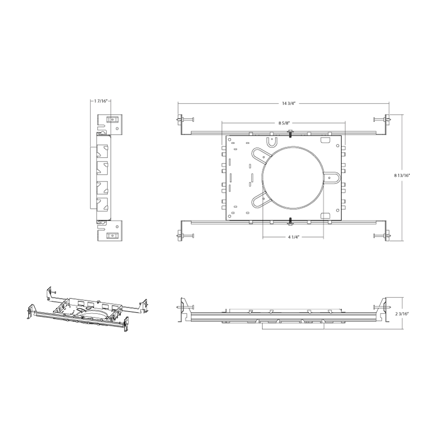 Dimension drawing of the RAB DLPLATE/WFR4/NB/CL WFR Wafer Mounting Plate – 4 Inch – With Drywall Collar and Extension Barshowing fixture dimensions and mounting measurements.