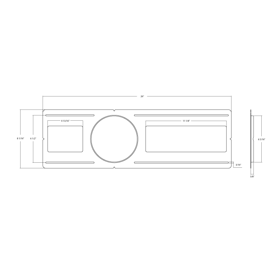 Dimension drawing of the RAB DLPLATE/WFR6 WFR Wafer Mounting Plate – 6 Inch – Without Nailer Barshowing fixture dimensions and mounting measurements.