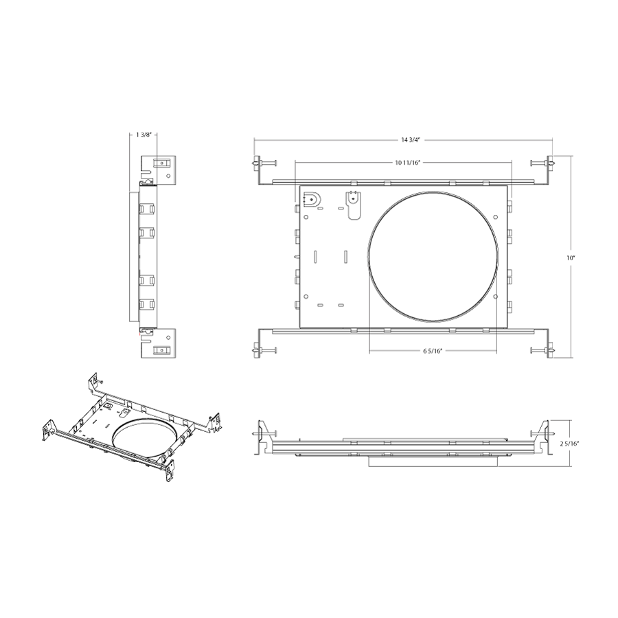 Dimension drawing of the RAB DLPLATE/WFR6/NB/CL WFR Wafer Mounting Plate – 6 Inch – With Drywall Collar and Extension Barshowing fixture dimensions and mounting measurements.