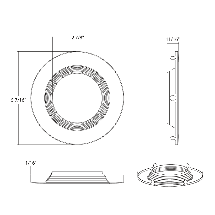 Dimension drawing of the RAB DLTRIM/R4RB-B-L 4in Recessed Retrofit Downlight Trim – Round – Baffle Trim – Black Finishshowing fixture dimensions and mounting measurements.