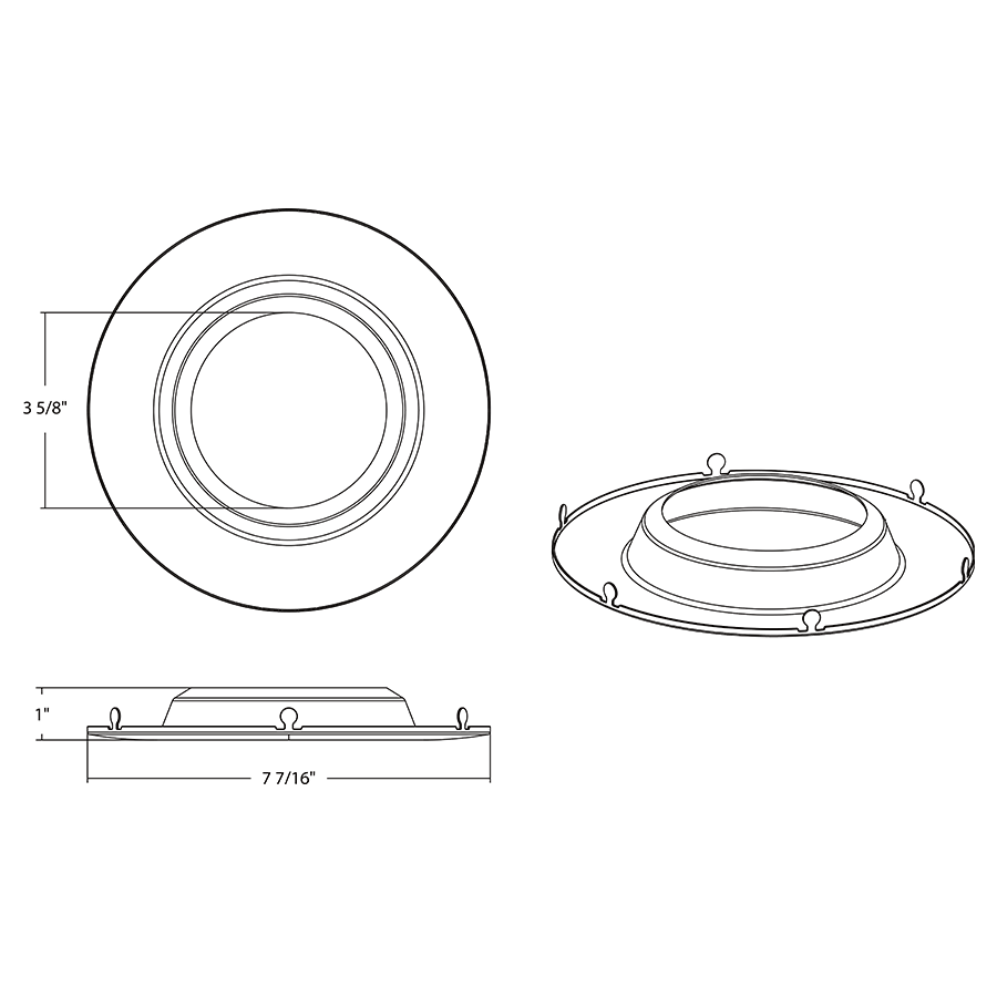 Dimension drawing of the RAB DLTRIM/R6RS-B 6in Recessed Retrofit Downlight Trim – Round – Smooth Trim – Black Finishshowing fixture dimensions and mounting measurements.