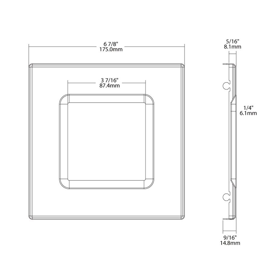 Dimension drawing of the RAB DLTRIM/WFRL6S-BS WFRL 6 Inch Square Wafer Color Trim – Black Smoothshowing fixture dimensions and mounting measurements.