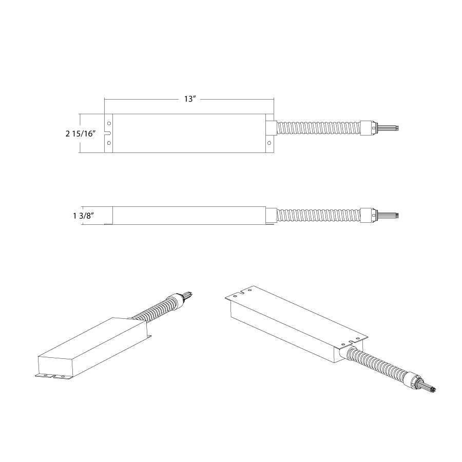 Dimension drawing of the RAB DRI-21-EMGR-DC-D10 EM Emergency Driver – 21W-300W – 100-277V – 0-10V Dimmableshowing fixture dimensions and mounting measurements.