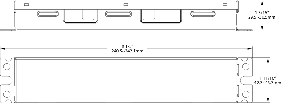 Dimension drawing of the RAB DRI-24T8-4L-DIM Type C T8 LED Tube Driver – 2ft – Supports Up to 4 Lamps – Dimmable – 120-277Vshowing fixture dimensions and mounting measurements.