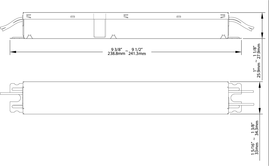 Dimension drawing of the RAB DRI-36/48T8-2L-DIM Type C T8 LED Tube Driver – 4ft – 26W – Supports 1-2 Lamps – Dimmable – 120-277Vshowing fixture dimensions and mounting measurements.