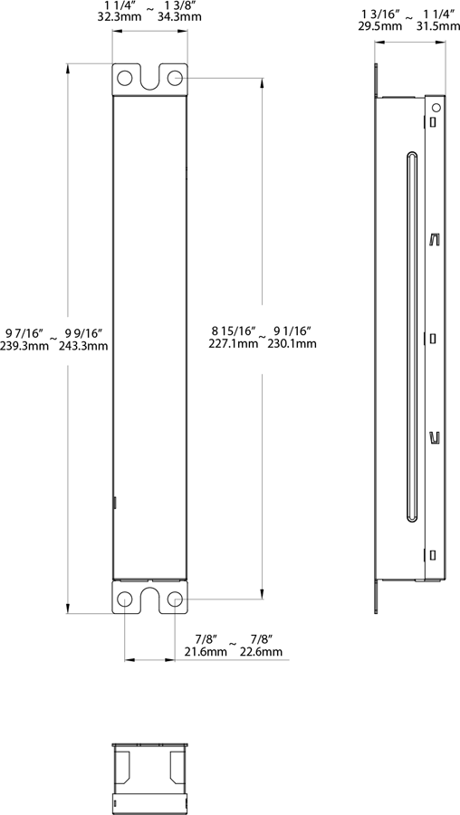 Dimension drawing of the RAB DRI-5-EMGR-T8 EM Emergency Driver for LED T8 Bypass Tubes – 5W – 120-277V AC – Double End or Single End Modelsshowing fixture dimensions and mounting measurements.