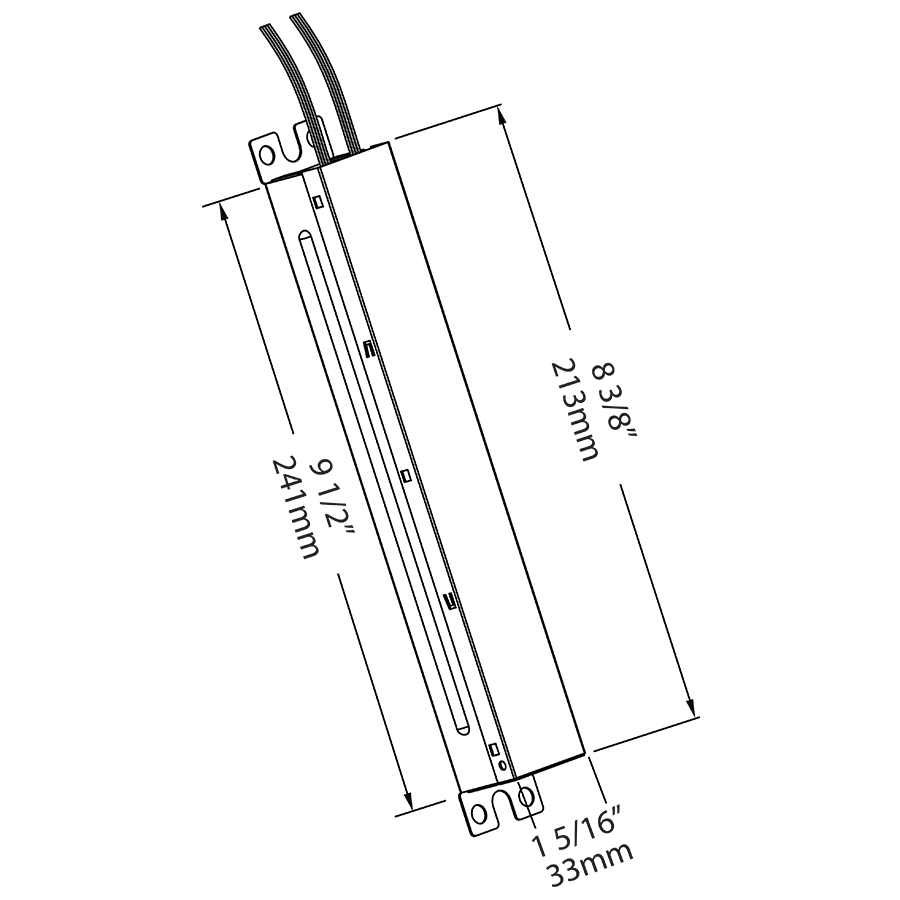 Dimension drawing of the RAB DRI-5-EMGR-TYPE C EM Type C Emergency Driver – 5W – 120-277V ACshowing fixture dimensions and mounting measurements.