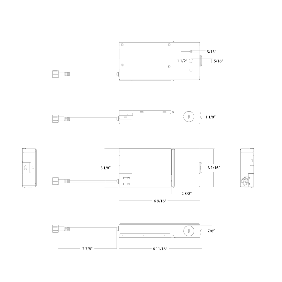 Dimension drawing of the RAB DRI-EMB-15S-LV EM Emergency Battery Backup Driver – 4W – 120V – 30-36VDC Outputshowing fixture dimensions and mounting measurements.