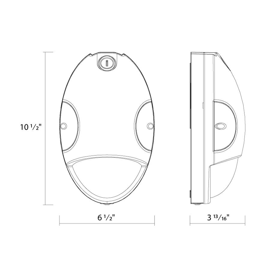 Dimension drawing of the RAB DROP/E DROP Mini Wall Pack – 15W – Selectable 3500K/4000K/5000K – 1740-1815 Lumens – 120-277V – Emergency Battery Backup – Bronze Finishshowing fixture dimensions and mounting measurements.