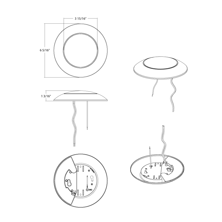 Dimension drawing of the RAB DSK34-4/LCB DSK34 Lightcloud Blue Smart Disk Light – 4" Round – 10W – 700 Lumens – Selectable 2700K-6500K – 120V – 90 CRI – White Finishshowing fixture dimensions and mounting measurements.