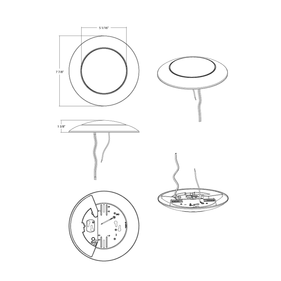 Dimension drawing of the RAB DSK34-6/LCB DSK34 Lightcloud Blue Smart Disk Light – 6" Round – 15W – 1100 Lumens – Selectable 2700K-6500K – 120V – 90 CRI – White Finishshowing fixture dimensions and mounting measurements.