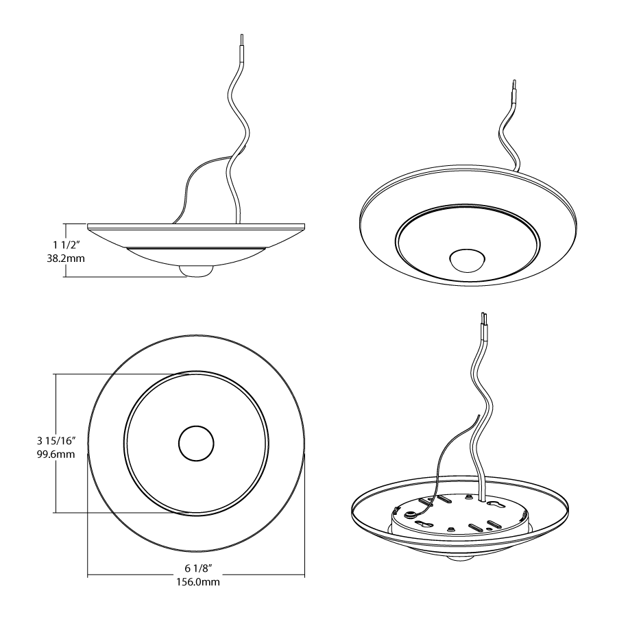 Dimension drawing of the RAB DSKFA-4R109CCT120WS/PIR DSK34 ECO LED Disk Light – 4" Round – 10W – Selectable 3000K/4000K/5000K – 600 Lumens – 120V – PIR Occupancy Sensor – TRIAC Dimmable – 90 CRI – White Finishshowing fixture dimensions and mounting measurements.