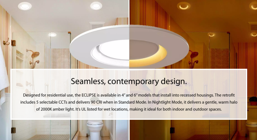RAB ECLPS4B ECLIPSE 4in Recessed Retrofit Light with Night Light – 7.5W Main Light + 5W Night Light – 2700K–5000K – 120V – Baffle Trim – White Finish