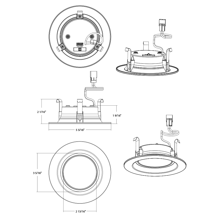 Dimension drawing of the RAB ECLPS4 ECLIPSE 4in Recessed Retrofit Light with Night Light – 7.5W Main Light + 5W Night Light – 650 Lumens + 30 Lumens – 2700K–5000K – 120V – White Finishshowing fixture dimensions and mounting measurements.